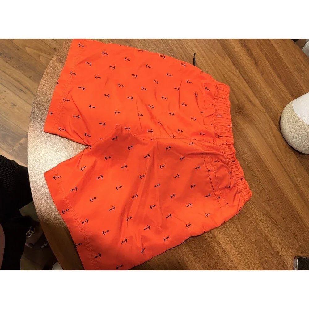 Nautica Men’s Anchor Print Swim Trunks Orange/Navy L Drawstring Lined Pockets